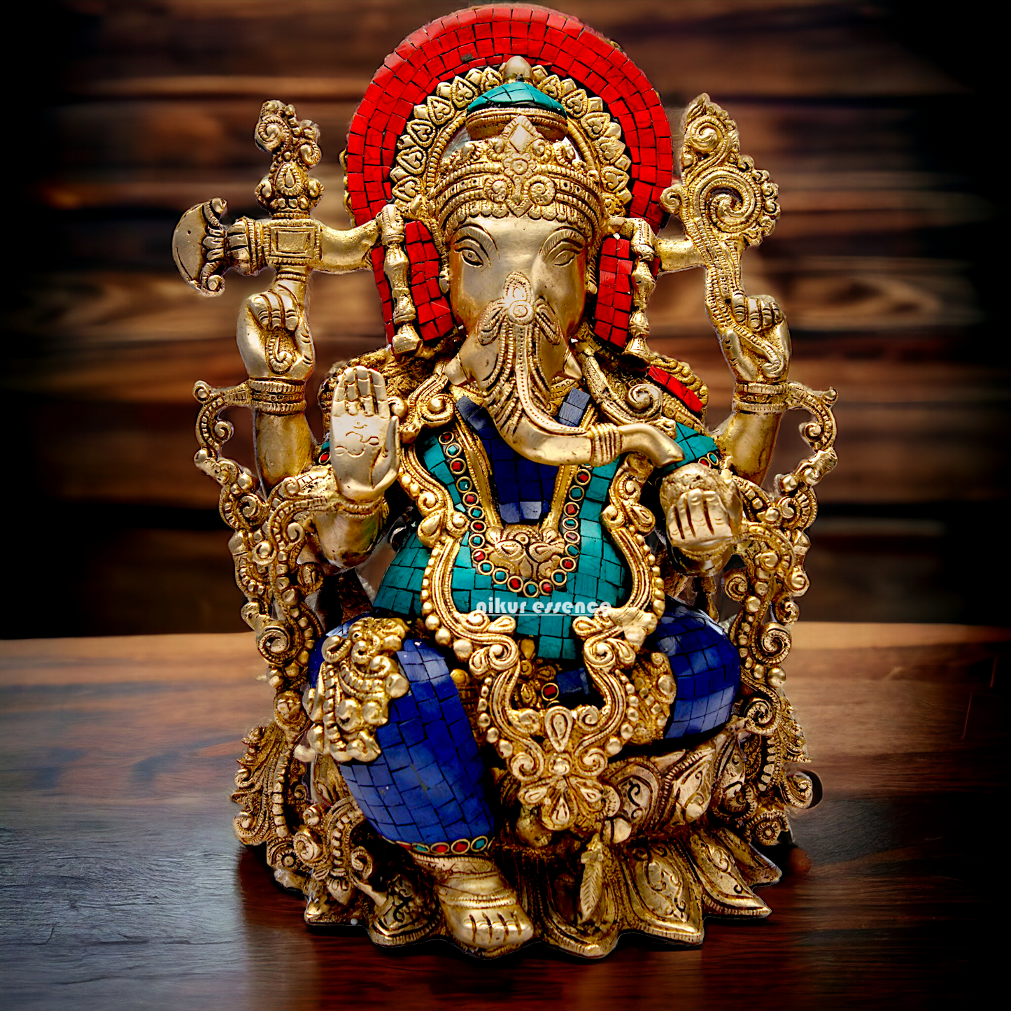 Brass Ganesha Sitting on Lotus with Stone Work idol - 16 inches Nikuressence