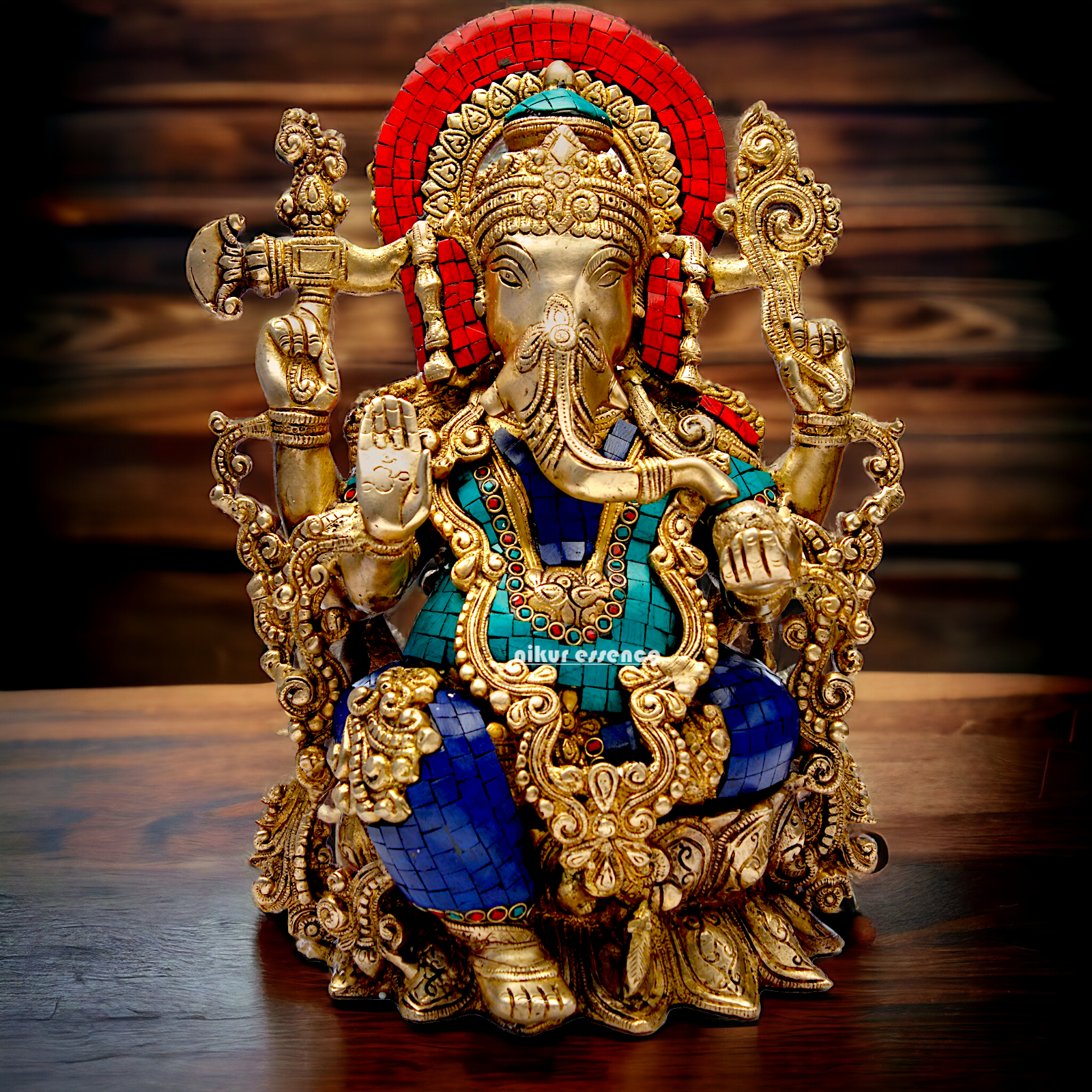 Brass Ganesha Sitting on Lotus with Stone Work idol - 16 inches Nikuressence