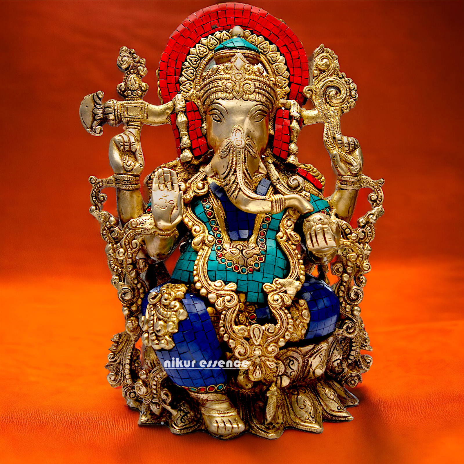Brass Ganesha Sitting on Lotus with Stone Work idol - 16 inches Nikuressence