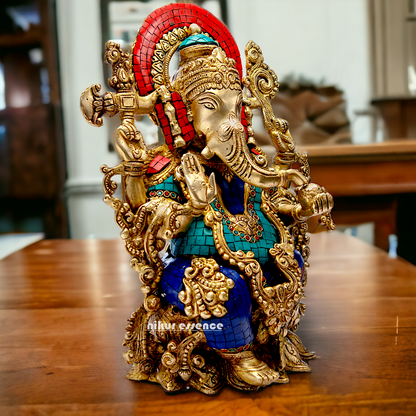 Brass Ganesha Sitting on Lotus with Stone Work idol - 16 inches Nikuressence