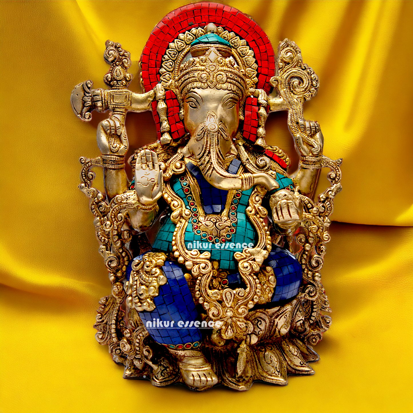 Brass Ganesha Sitting on Lotus with Stone Work idol - 16 inches Nikuressence