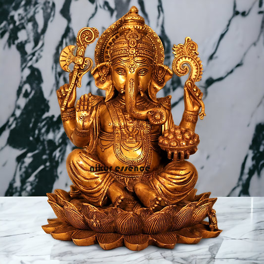 Buy Ganesha Sitting on Lotus Solid Brass statue - 12 inches Nikuressence