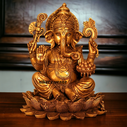 Buy Ganesha Sitting on Lotus Solid Brass statue - 12 inches Nikuressence