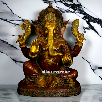 Large Ganesha Sitting Brass idol - 21 inches Nikuressence