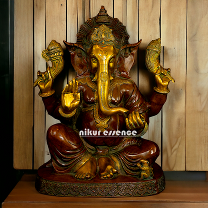 Large Ganesha Sitting Brass idol - 21 inches Nikuressence