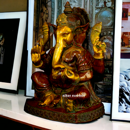 Large Ganesha Sitting Brass idol - 21 inches Nikuressence