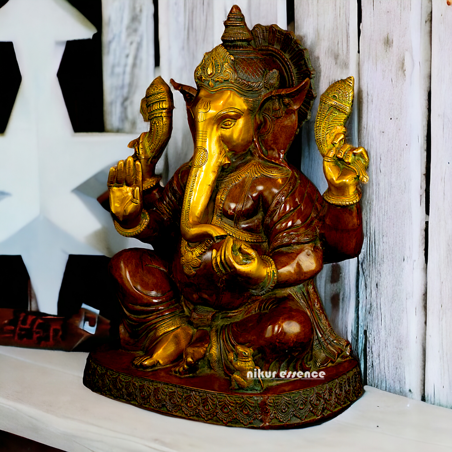 Large Ganesha Sitting Brass idol - 21 inches Nikuressence