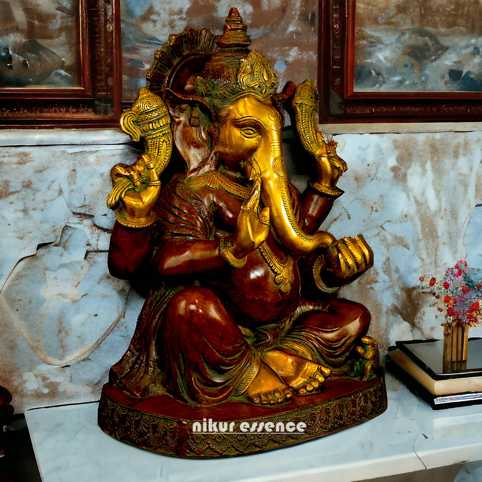 Large Ganesha Sitting Brass idol - 21 inches Nikuressence