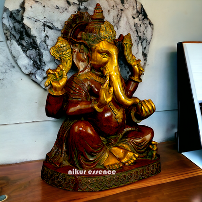 Large Ganesha Sitting Brass idol - 21 inches Nikuressence