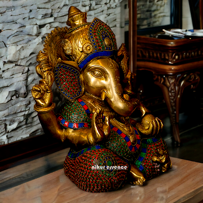 Big Vinayaka Sitting Brass with Stone work idol - 12 inches Nikuressence