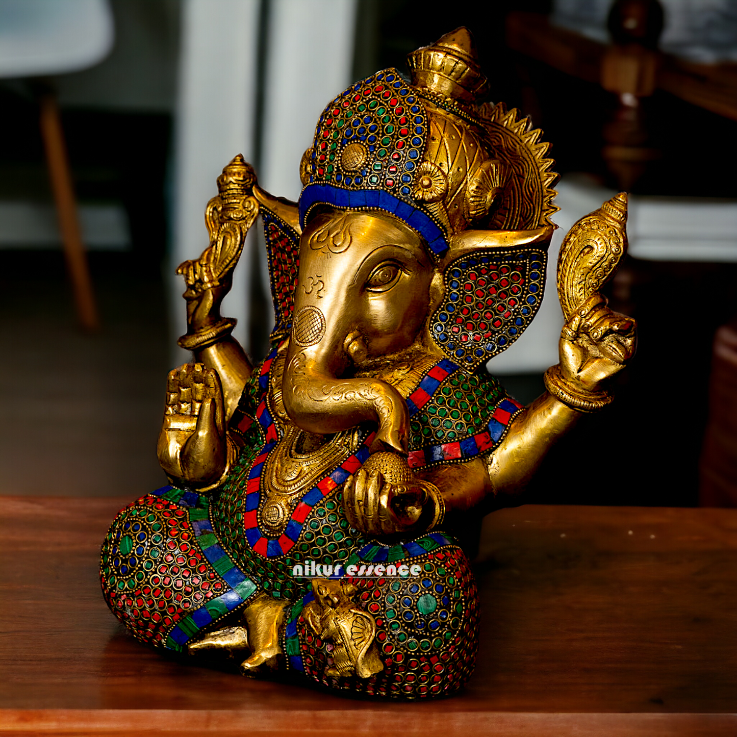 Big Vinayaka Sitting Brass with Stone work idol - 12 inches Nikuressence