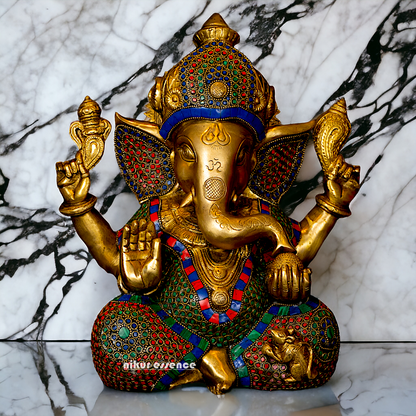 Big Vinayaka Sitting Brass with Stone work idol - 12 inches Nikuressence