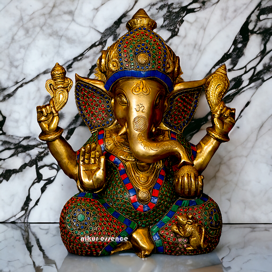 Big Vinayaka Sitting Brass with Stone work idol - 12 inches Nikuressence