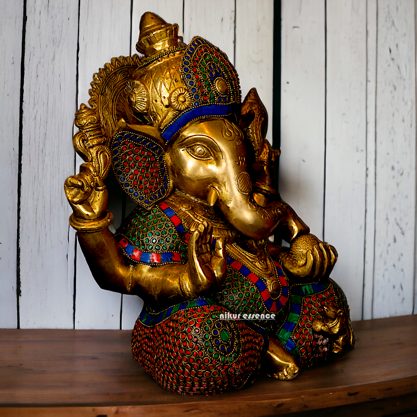 Big Vinayaka Sitting Brass with Stone work idol - 12 inches Nikuressence