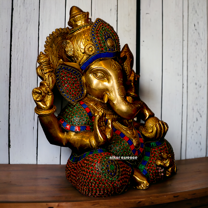 Big Vinayaka Sitting Brass with Stone work idol - 12 inches Nikuressence
