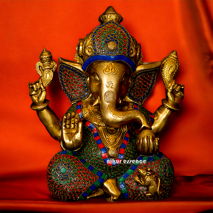 Big Vinayaka Sitting Brass with Stone work idol - 12 inches Nikuressence