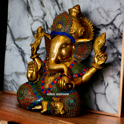 Big Vinayaka Sitting Brass with Stone work idol - 12 inches Nikuressence