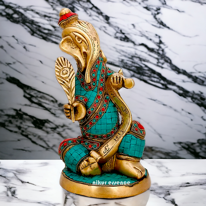 Brass Ganesh with writting Ramayana Stone work idol - 11.5 inches Nikuressence