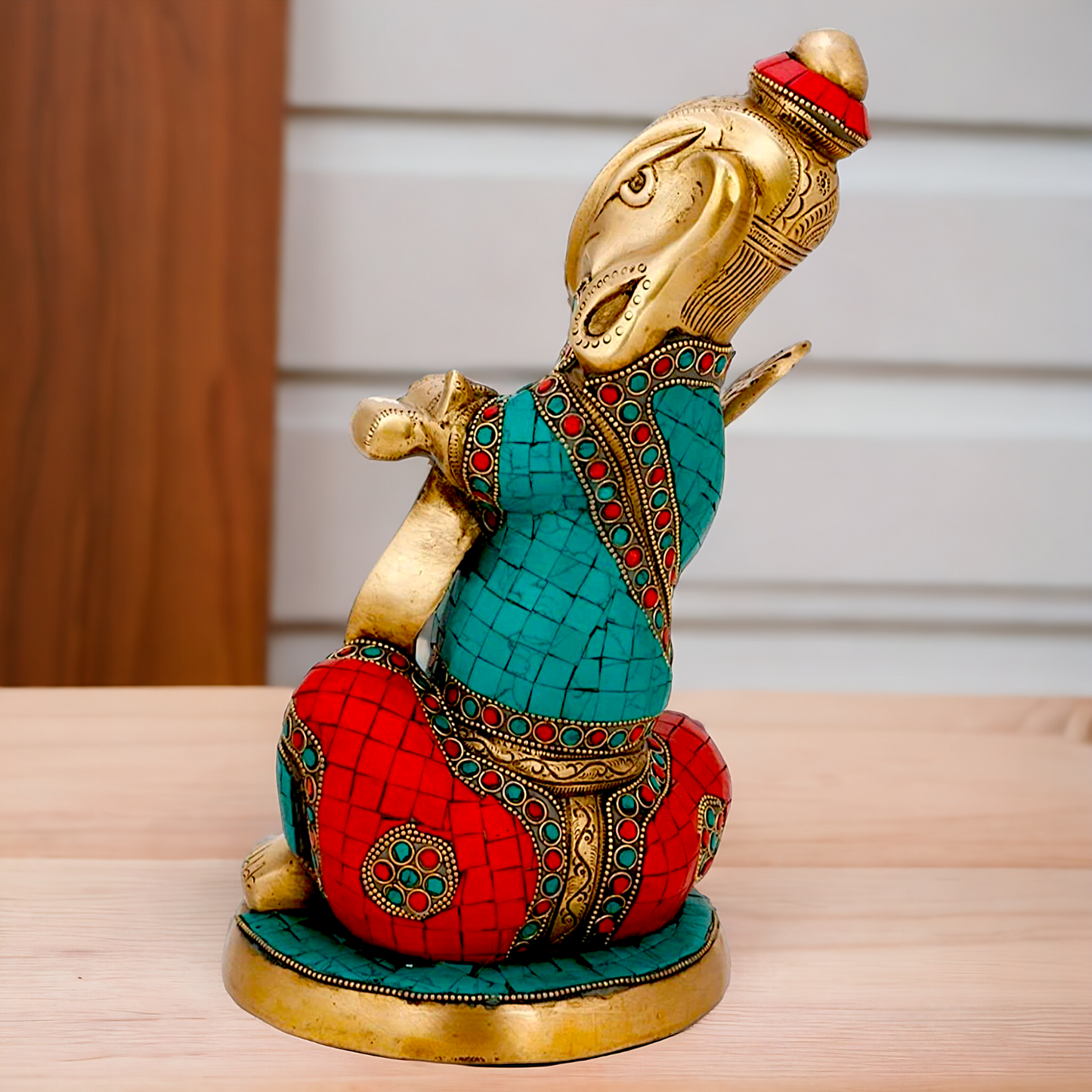 Brass Ganesh with writting Ramayana Stone work idol - 11.5 inches Nikuressence