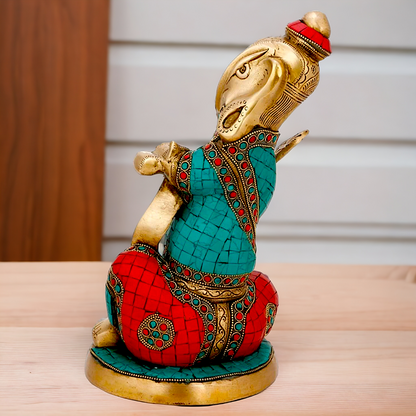 Brass Ganesh with writting Ramayana Stone work idol - 11.5 inches Nikuressence