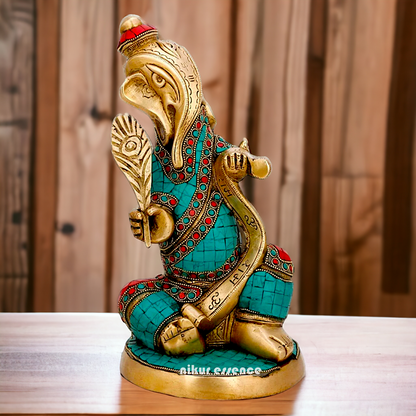 Brass Ganesh with writting Ramayana Stone work idol - 11.5 inches Nikuressence