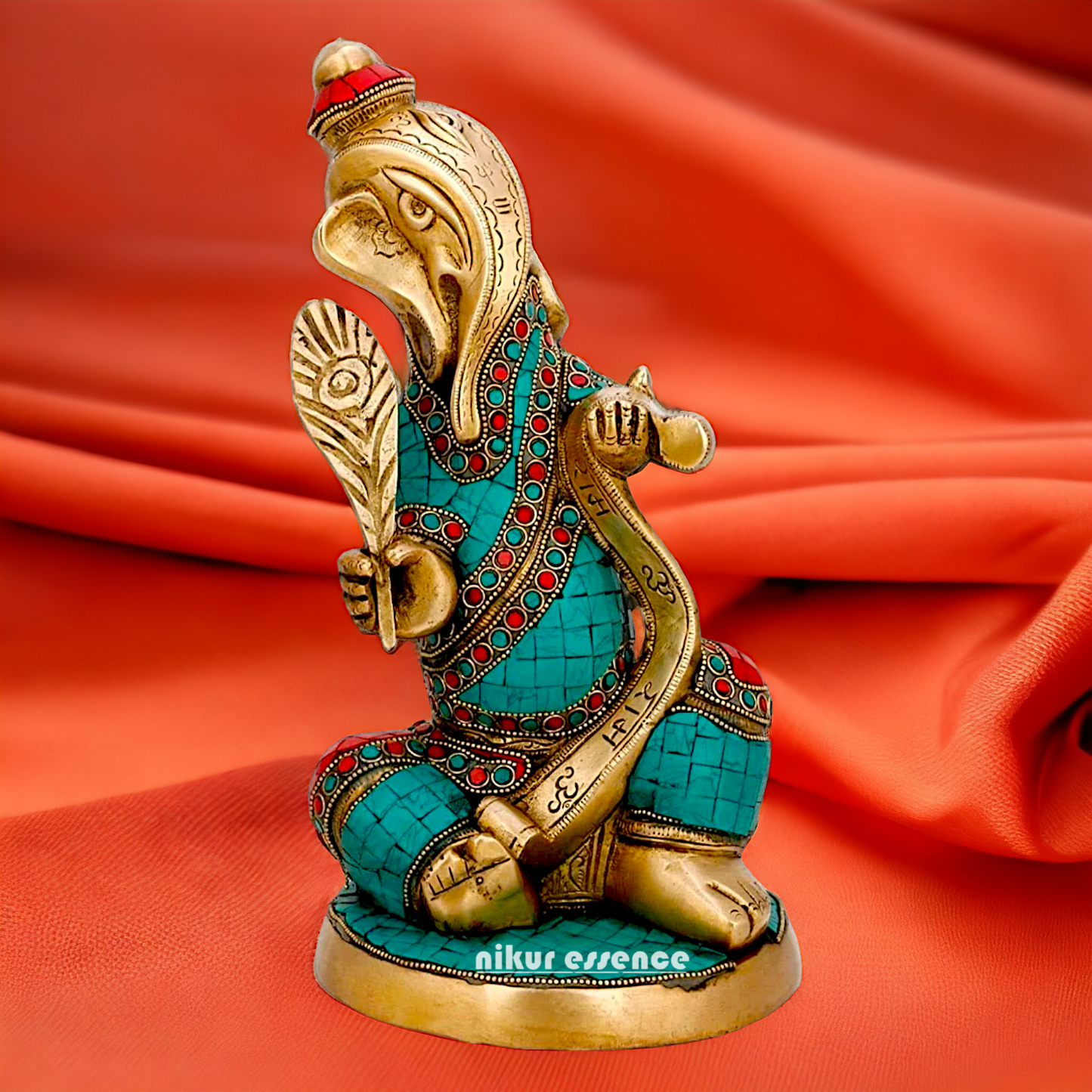 Brass Ganesh with writting Ramayana Stone work idol - 11.5 inches Nikuressence