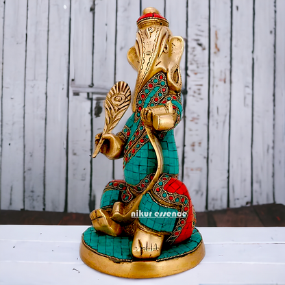 Brass Ganesh with writting Ramayana Stone work idol - 11.5 inches Nikuressence