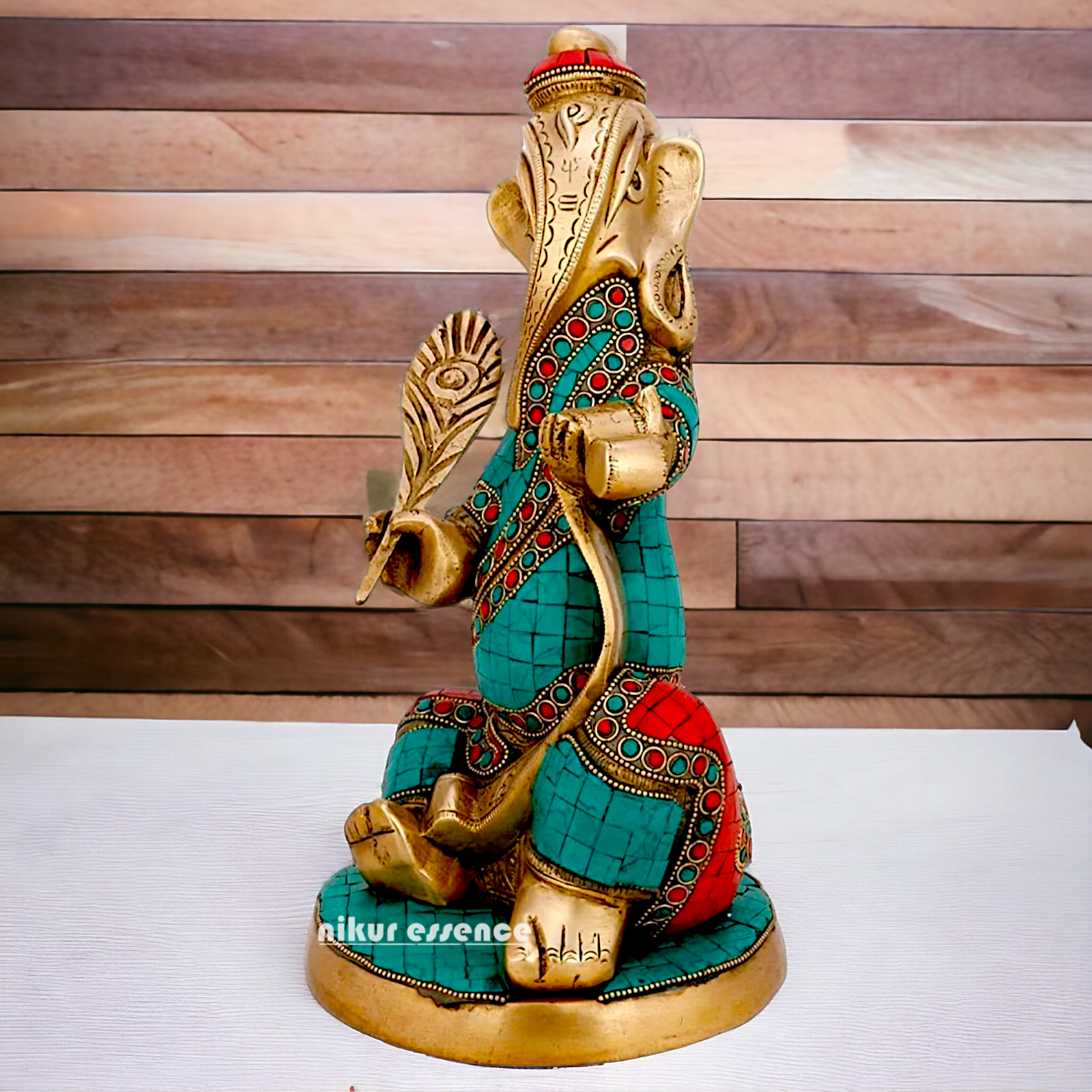 Brass Ganesh with writting Ramayana Stone work idol - 11.5 inches Nikuressence