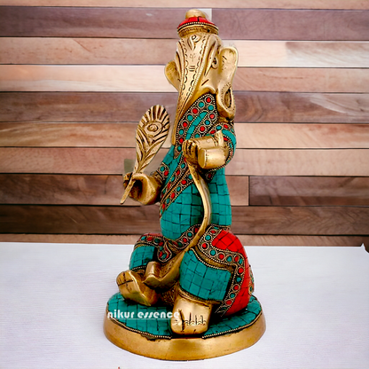 Brass Ganesh with writting Ramayana Stone work idol - 11.5 inches Nikuressence
