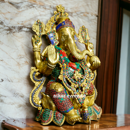 Shop Ganesha with Blessing Brass Stone work idol - 21 inches Nikuressence