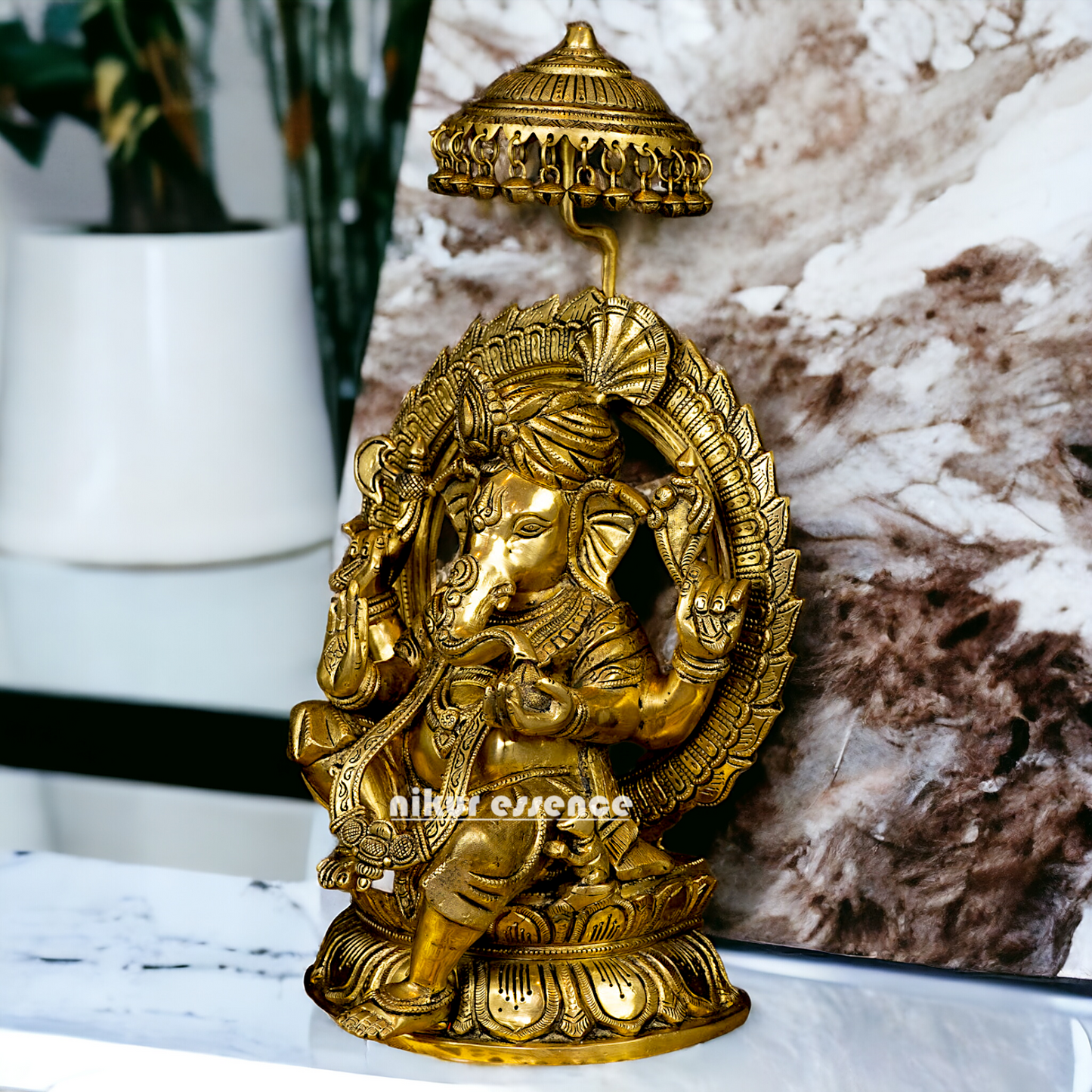 Big Ganesha Ganpati with umbrella solid brass idol - 18 inches Nikuressence
