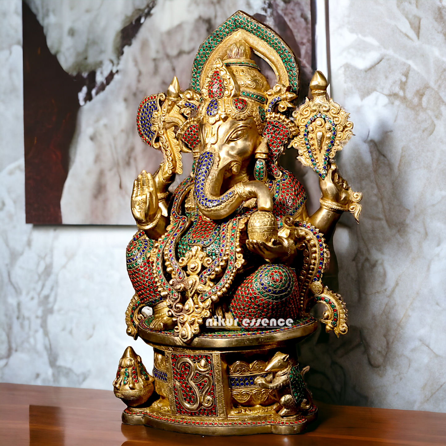 Brass Ganpati Ganesha Seating with Stone work Idol - 23 inches Nikuressence