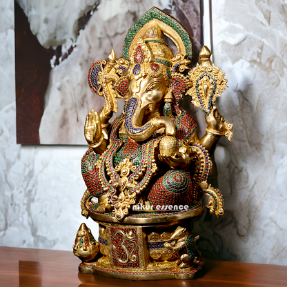 Brass Ganpati Ganesha Seating with Stone work Idol - 23 inches Nikuressence