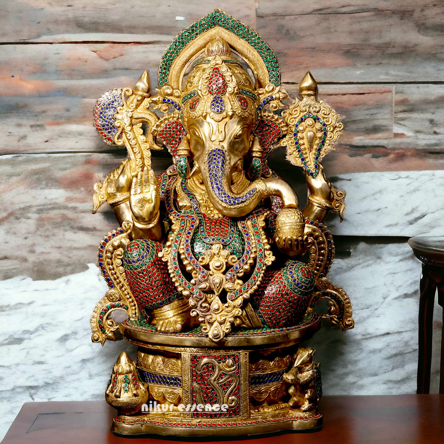 Brass Ganpati Ganesha Seating with Stone work Idol - 23 inches Nikuressence