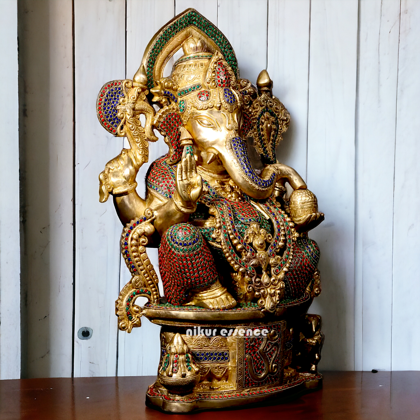 Brass Ganpati Ganesha Seating with Stone work Idol - 23 inches Nikuressence