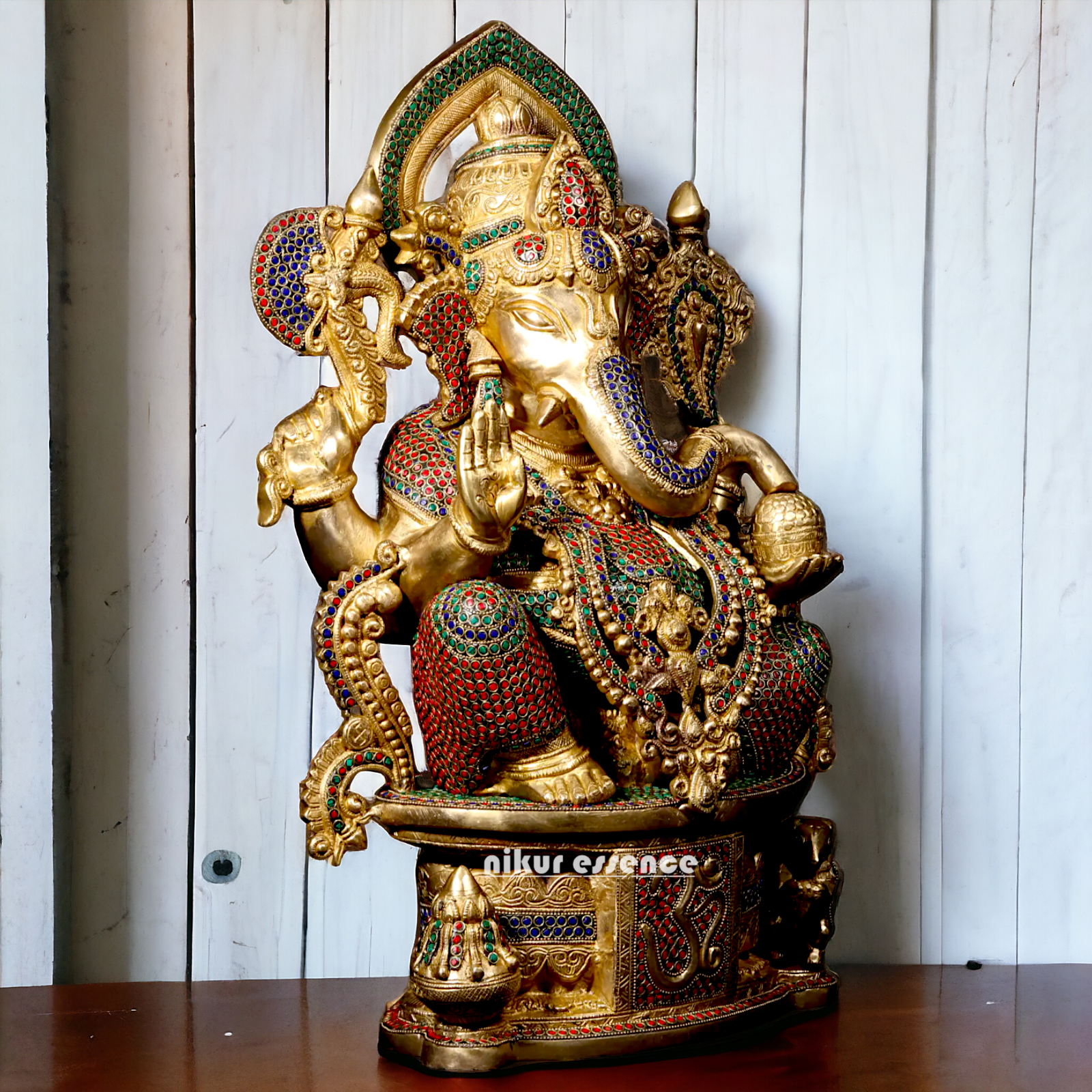 Brass Ganpati Ganesha Seating with Stone work Idol - 23 inches Nikuressence