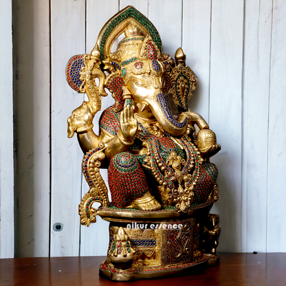 Brass Ganpati Ganesha Seating with Stone work Idol - 23 inches Nikuressence