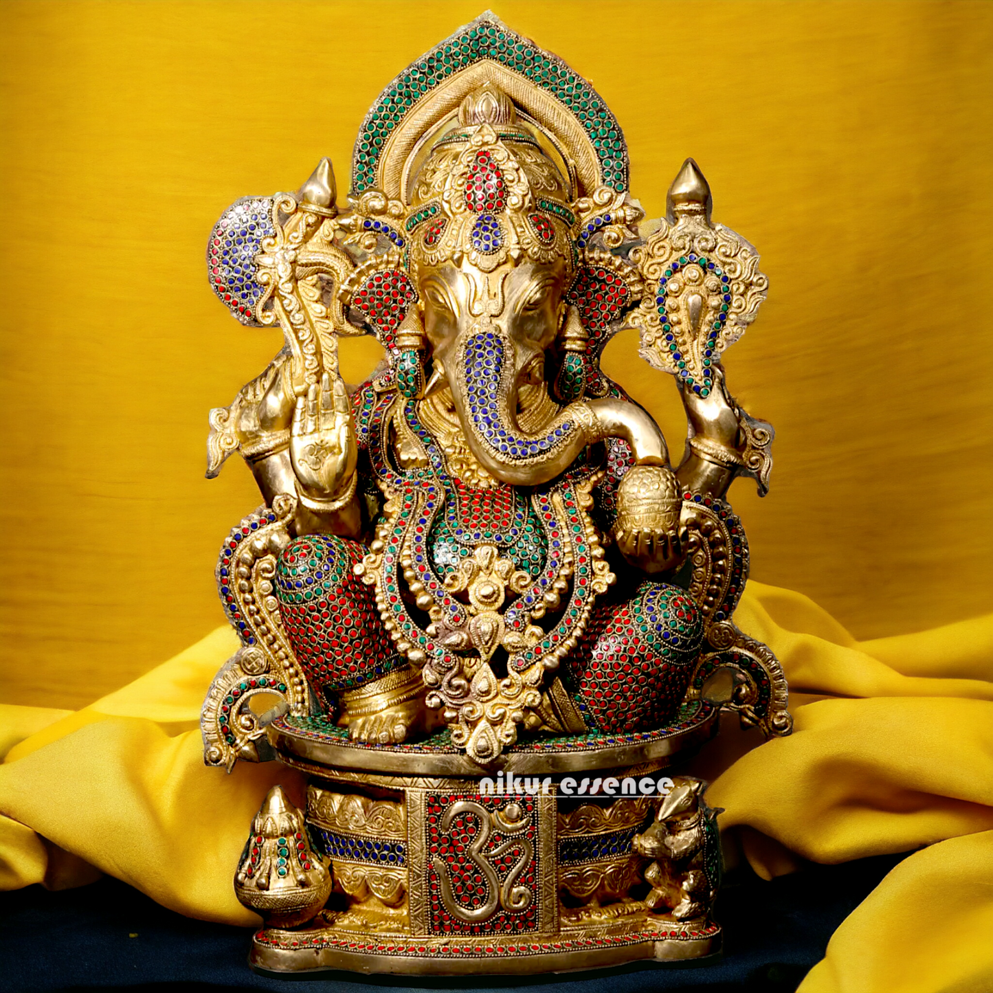 Brass Ganpati Ganesha Seating with Stone work Idol - 23 inches Nikuressence