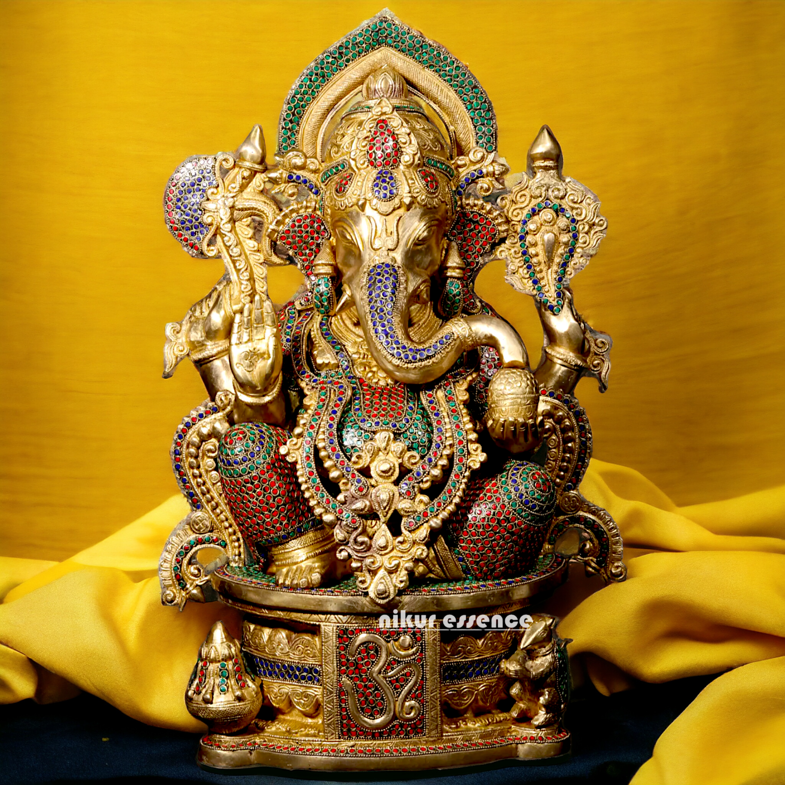 Brass Ganpati Ganesha Seating with Stone work Idol - 23 inches Nikuressence