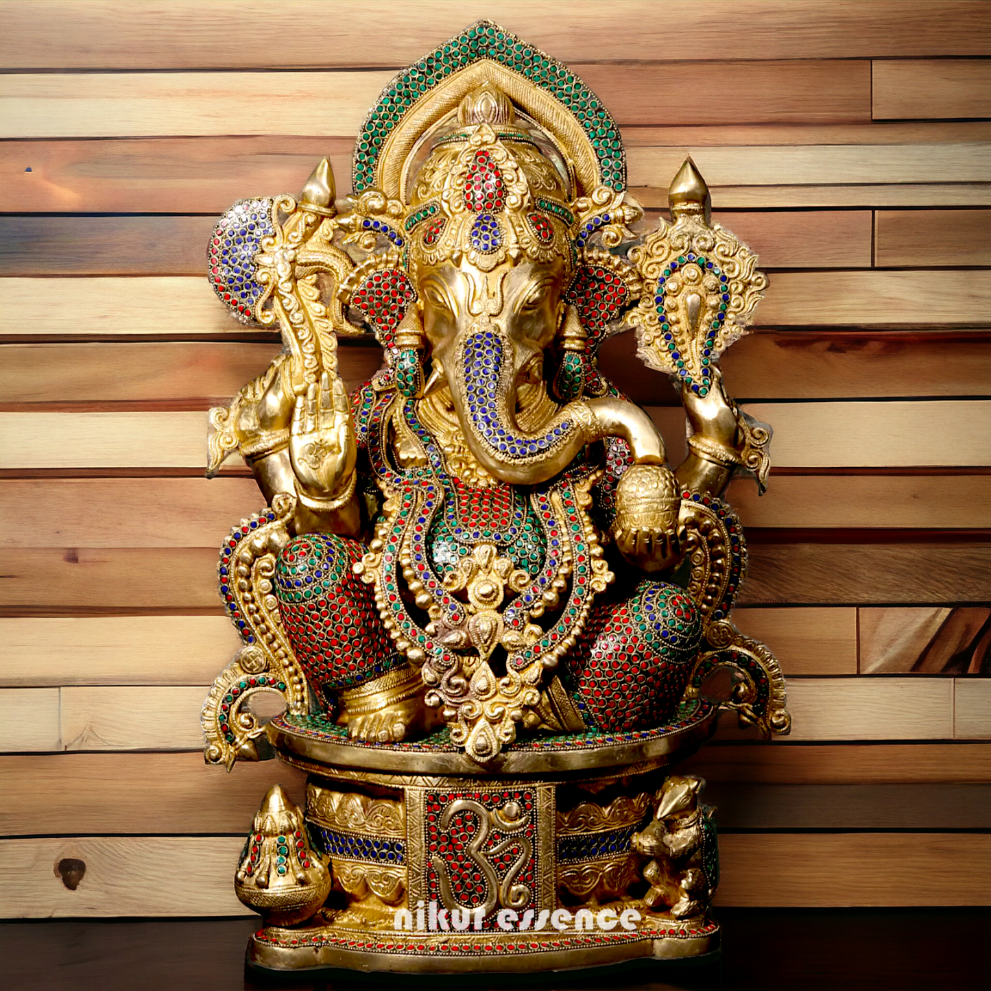 Brass Ganpati Ganesha Seating with Stone work Idol - 23 inches Nikuressence