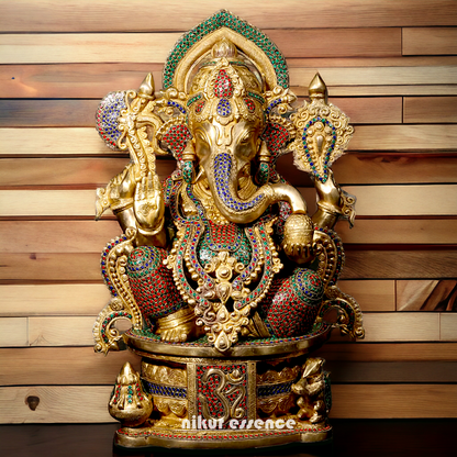 Brass Ganpati Ganesha Seating with Stone work Idol - 23 inches Nikuressence