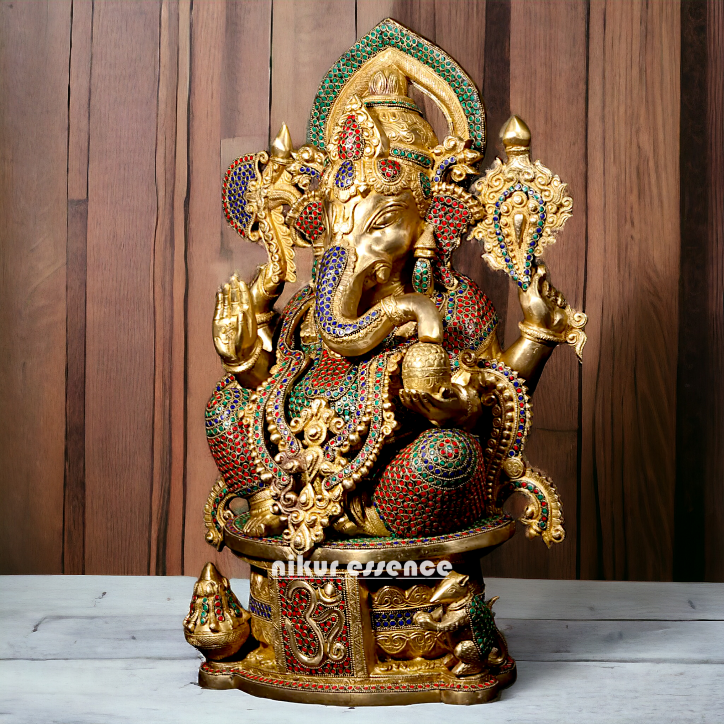Brass Ganpati Ganesha Seating with Stone work Idol - 23 inches Nikuressence