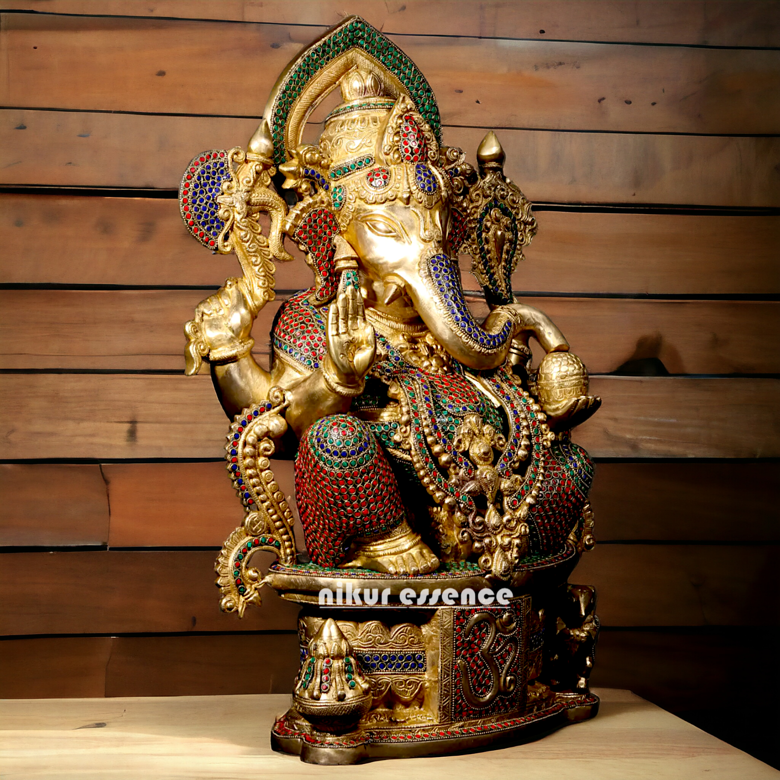 Brass Ganpati Ganesha Seating with Stone work Idol - 23 inches Nikuressence