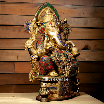 Brass Ganpati Ganesha Seating with Stone work Idol - 23 inches Nikuressence