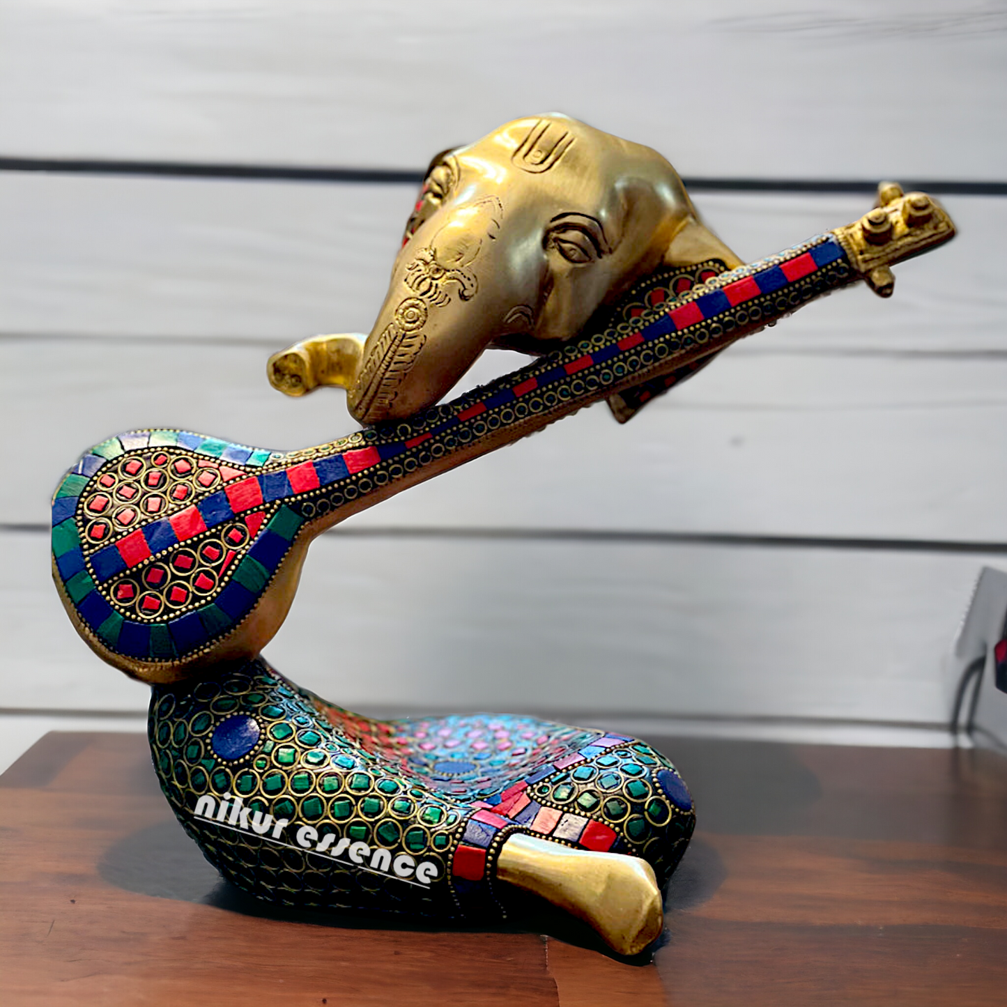 Brass Ganesha Playing Veena with Stone work idol - 10.5 inches Nikuressence