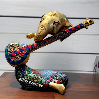 Brass Ganesha Playing Veena with Stone work idol - 10.5 inches Nikuressence