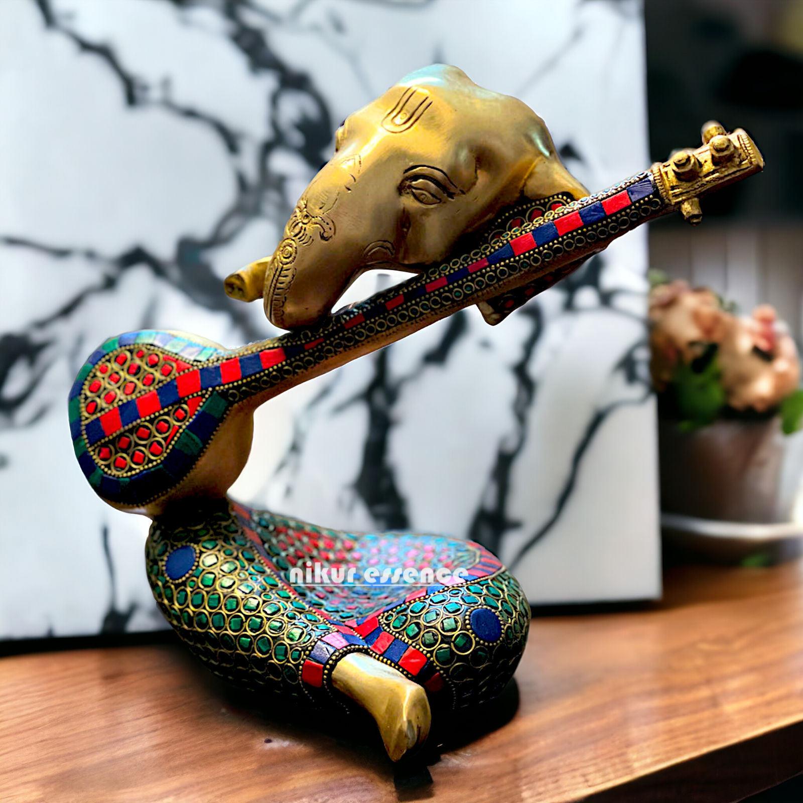 Brass Ganesha Playing Veena with Stone work idol - 10.5 inches Nikuressence