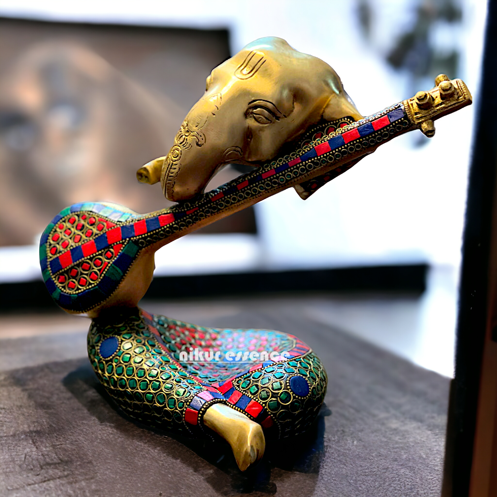 Brass Ganesha Playing Veena with Stone work idol - 10.5 inches Nikuressence