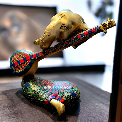 Brass Ganesha Playing Veena with Stone work idol - 10.5 inches Nikuressence