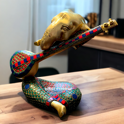 Brass Ganesha Playing Veena with Stone work idol - 10.5 inches Nikuressence